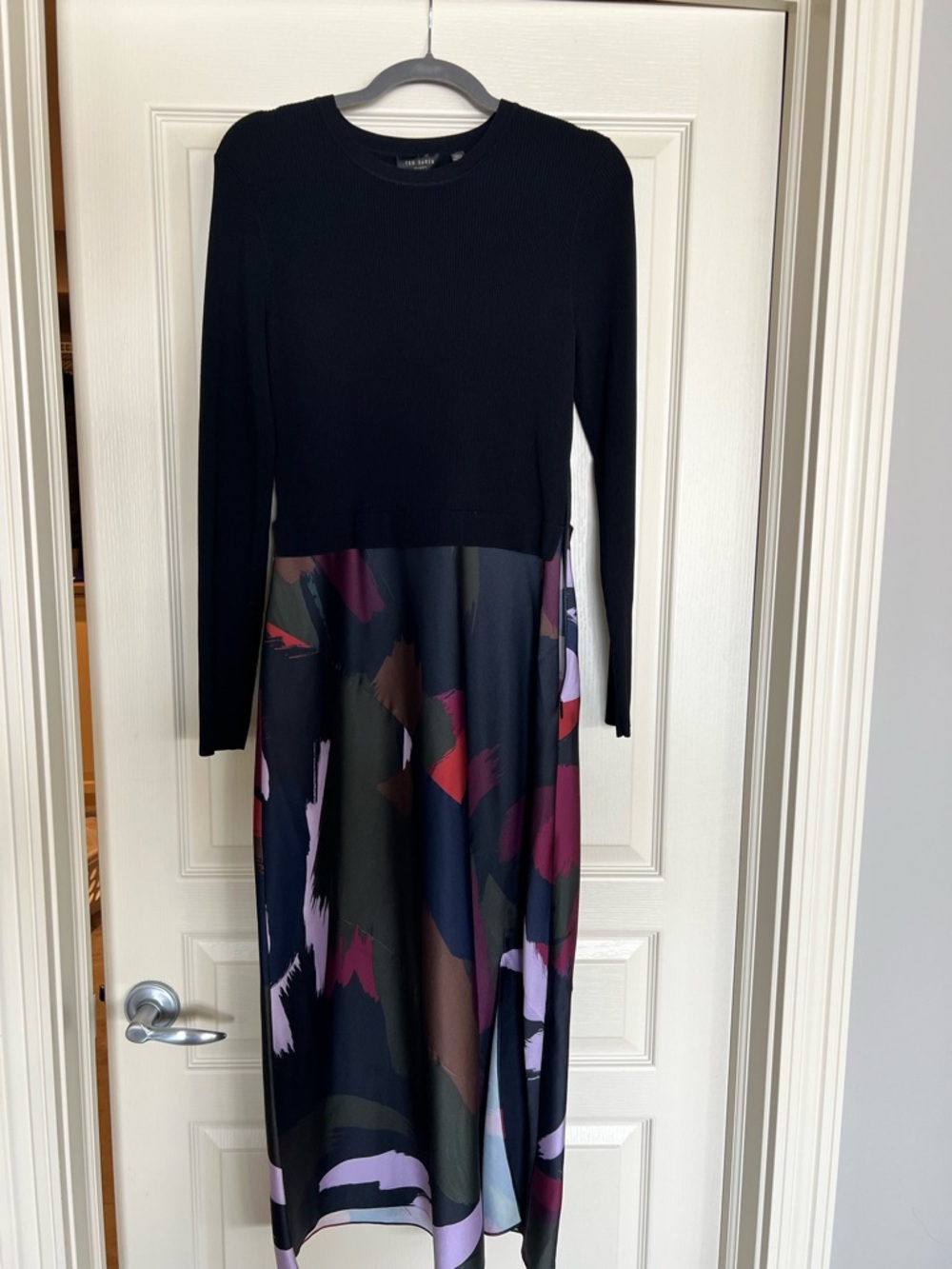 Ted Baker Black Knit Top Midi Dress with Multi Abstract Print Skirt